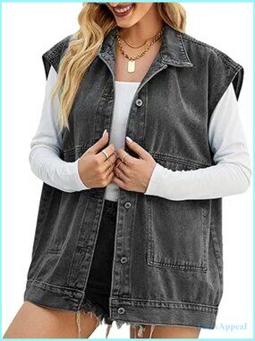 Oversized Sleeveless Denim Vest Button Down Mid Long Waistcoat